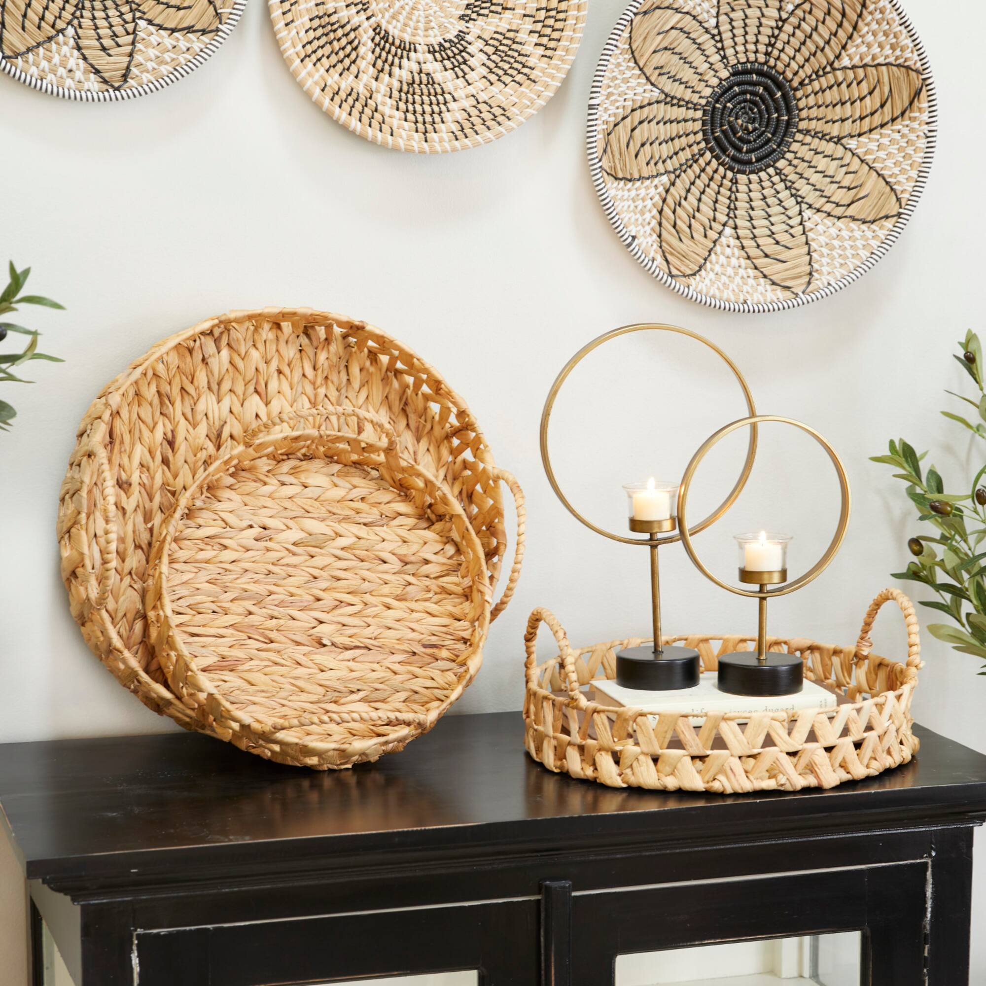 Brown Seagrass Coastal Tray, Set of 3" 19", 16", 14"